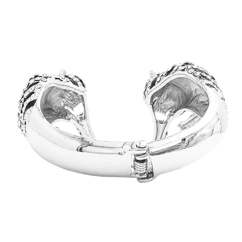 Stunning Three Dimensional Crystal Encrusted Double Tiger Hinged Cuff Bracelet, 6.75" (Silver Tone)