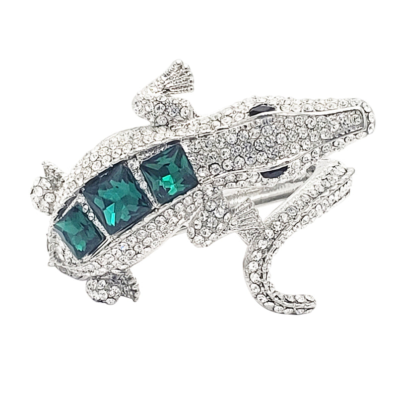 Stunning Emerald Green And Clear Crystal Rhinestone Alligator Hinged Cuff Silver Tone Bracelet, 6.75"