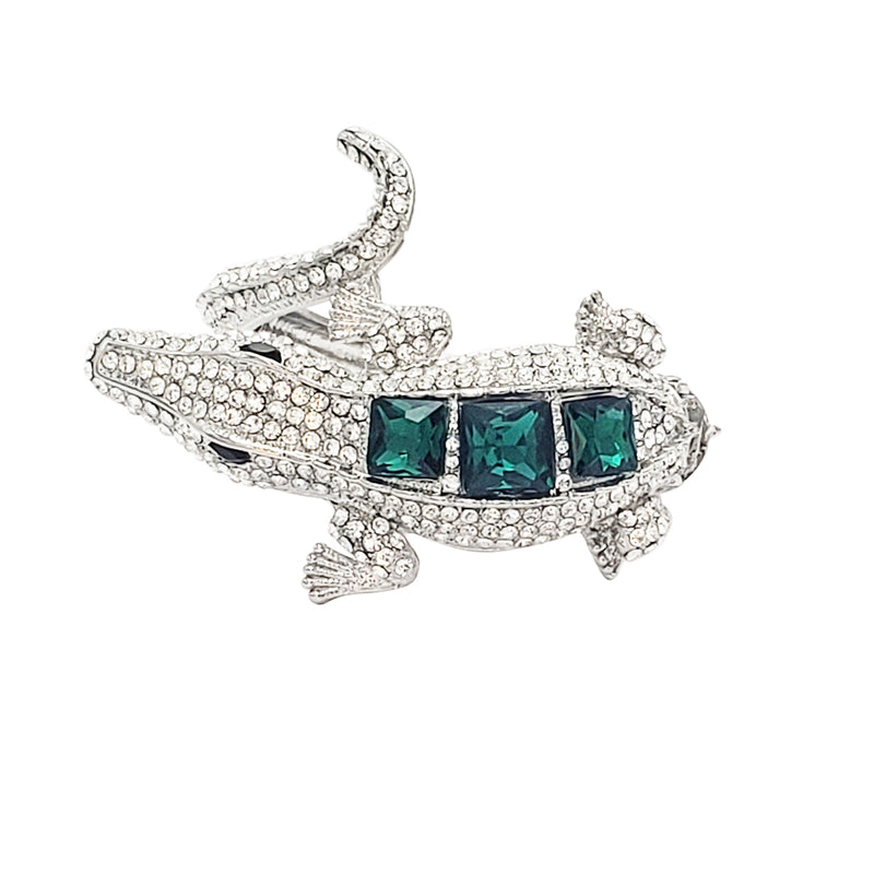 Stunning Emerald Green And Clear Crystal Rhinestone Alligator Hinged Cuff Silver Tone Bracelet, 6.75"