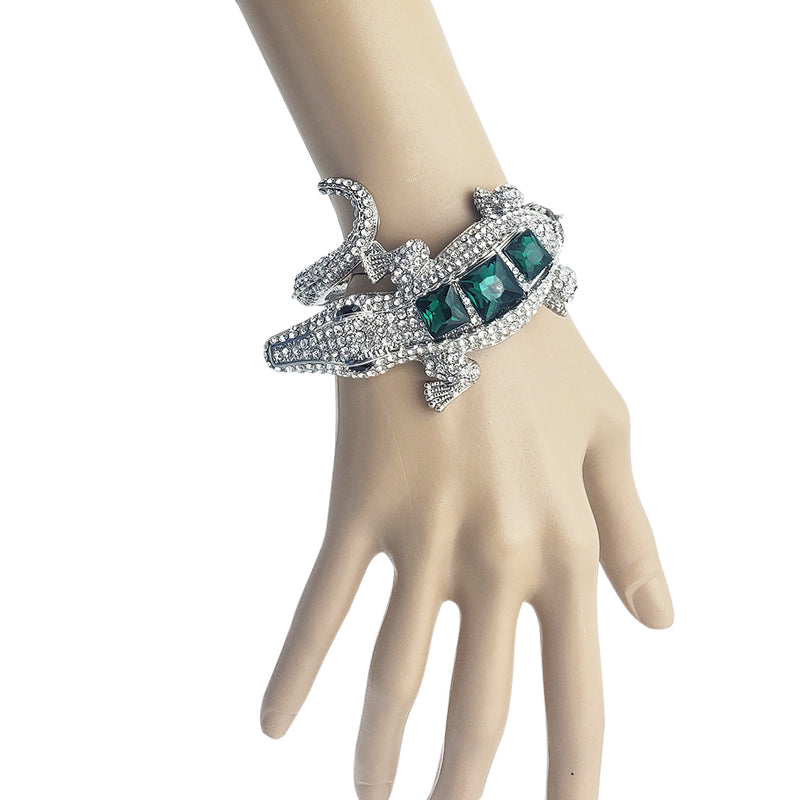 Stunning Emerald Green And Clear Crystal Rhinestone Alligator Hinged Cuff Silver Tone Bracelet, 6.75"