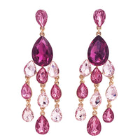 Stunning Shoulder Length Teardrop Crystal Rhinestone Chandelier Statement Hypoallergenic Post Earrings, 4.25" (Fuchsia And Pinks Gold Tone)