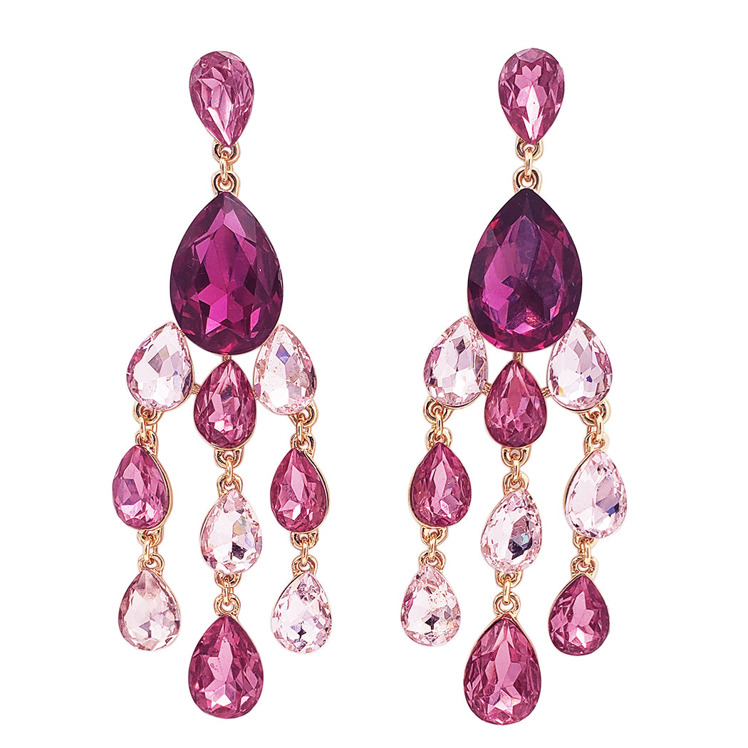 Stunning Shoulder Length Teardrop Crystal Rhinestone Chandelier Statement Hypoallergenic Post Earrings, 4.25" (Fuchsia And Pinks Gold Tone)