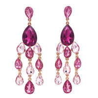 Stunning Shoulder Length Teardrop Crystal Rhinestone Chandelier Statement Hypoallergenic Post Earrings, 4.25" (Fuchsia And Pinks Gold Tone)
