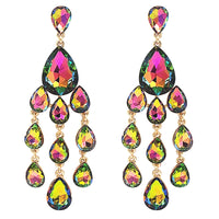 Stunning Shoulder Length Teardrop Crystal Rhinestone Chandelier Statement Hypoallergenic Post Earrings, 4.25" (Rainbow Vitrail Crystal Gold Tone)