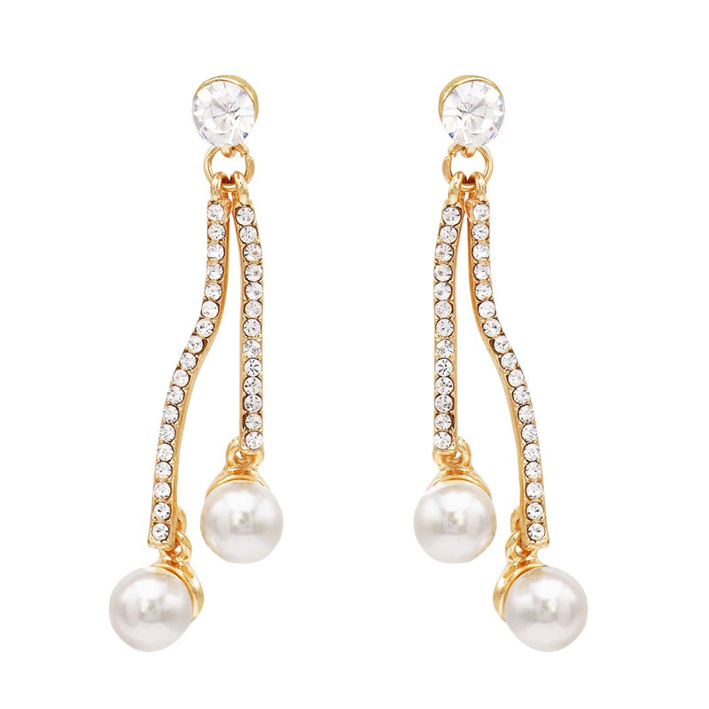Rhinestone Vertical Bar Rhinestone Faux Pearl Dangle Earrings (Gold)