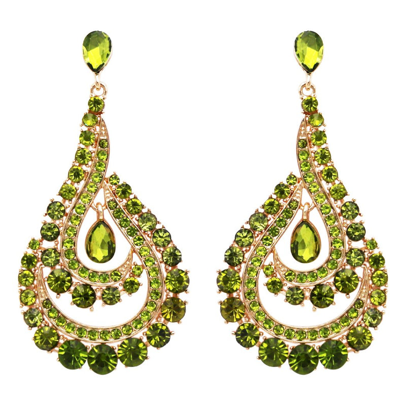 Crystal Rhinestone Paisley Swirl Dangle Post Earrings (Green/Gold Tone)
