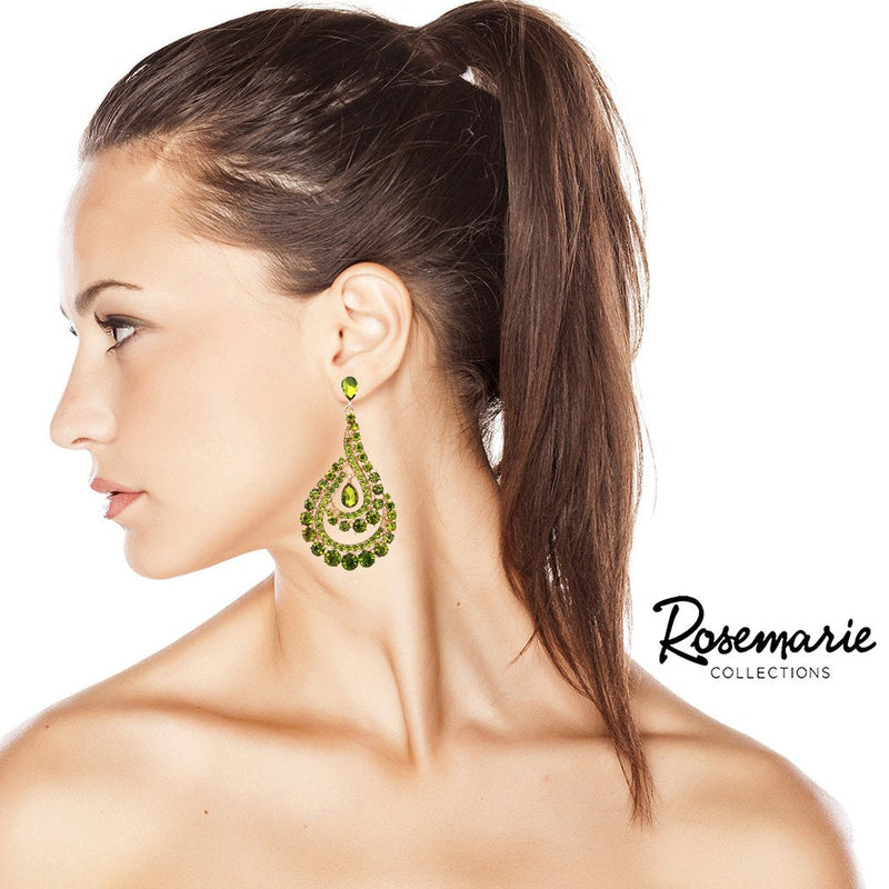 Crystal Rhinestone Paisley Swirl Dangle Post Earrings (Green/Gold Tone)