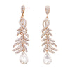 Stunning Pave Crystal Peacock Feather Style Long Statement Earrings, 3.6" (Gold Tone)