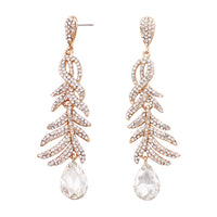 Stunning Pave Crystal Peacock Feather Style Long Statement Earrings, 3.6" (Gold Tone)
