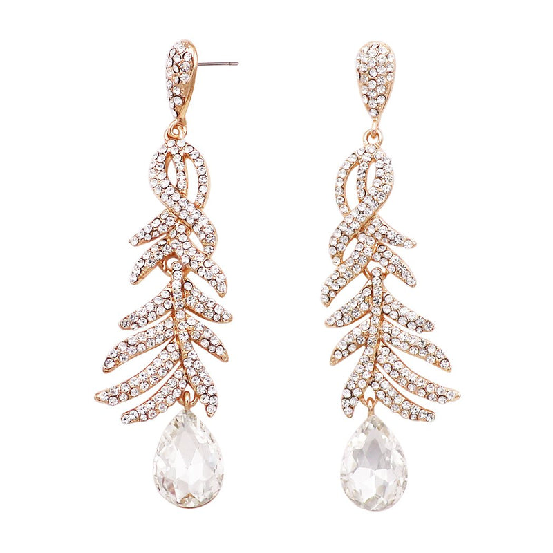 Stunning Pave Crystal Peacock Feather Style Long Statement Earrings, 3.6" (Gold Tone)