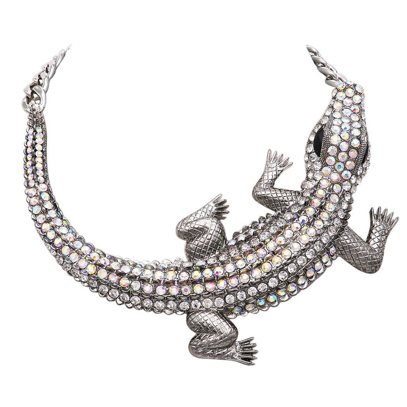 Stunning Statement AB Crystal Rhinestone and Silver Tone Alligator Collar Necklace