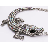 Stunning Statement AB Crystal Rhinestone and Silver Tone Alligator Collar Necklace