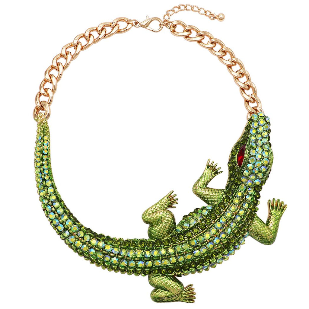 Stunning Statement Green Crystal and Gold Tone Rhinestone Alligator Choker Necklace G