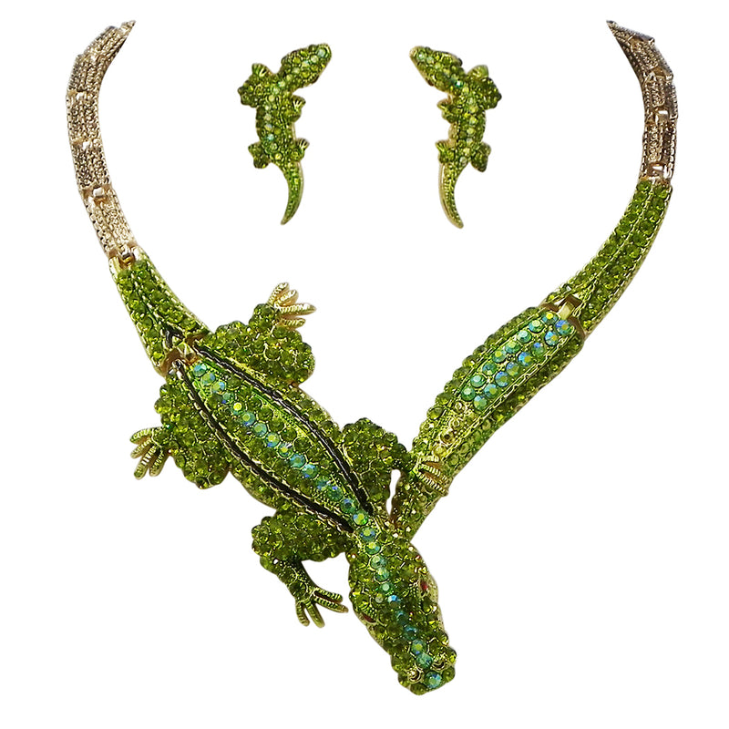 Rosemarie Collections Women's Exquisite Crystal Rhinestone Statement Alligator Necklace Earrings Gift Set, 18" (Green Crystal Gold Tone)