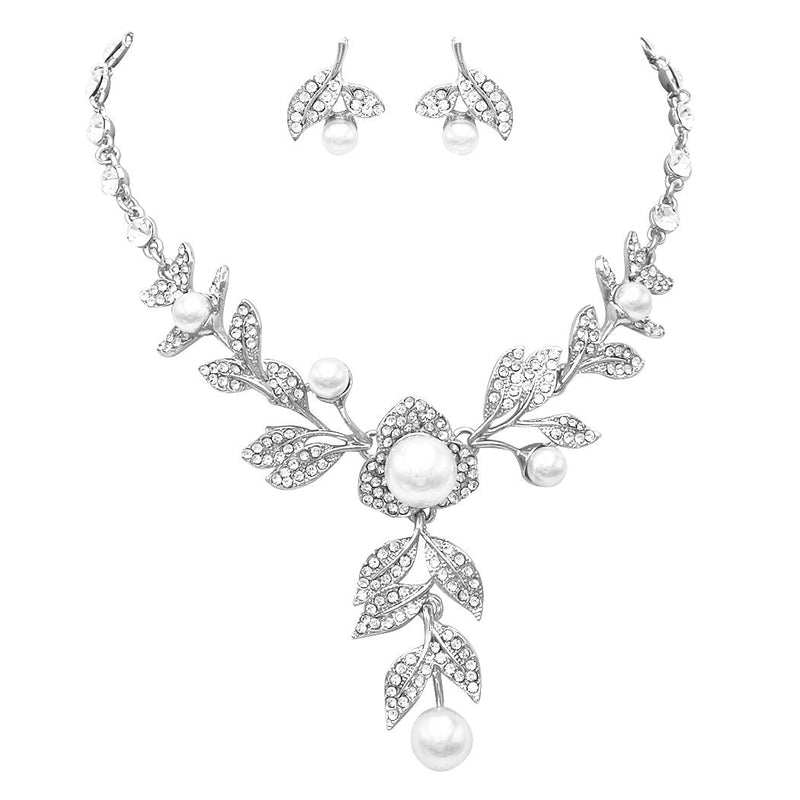 Simulated Pearl Flower and Crystal Leaf Long Pendant Necklace and Earrings Jewelry Set (Silver)