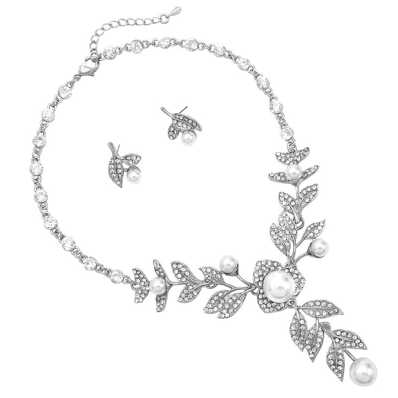Simulated Pearl Flower and Crystal Leaf Long Pendant Necklace and Earrings Jewelry Set (Silver)