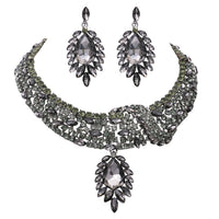 Women's Elegant Classic Statement Black Teardrop Crystal Collar Necklace Dangle Earring Jewelry Set, 14" with 2" Extender