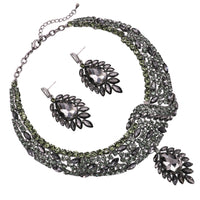 Women's Elegant Classic Statement Black Teardrop Crystal Collar Necklace Dangle Earring Jewelry Set, 14" with 2" Extender