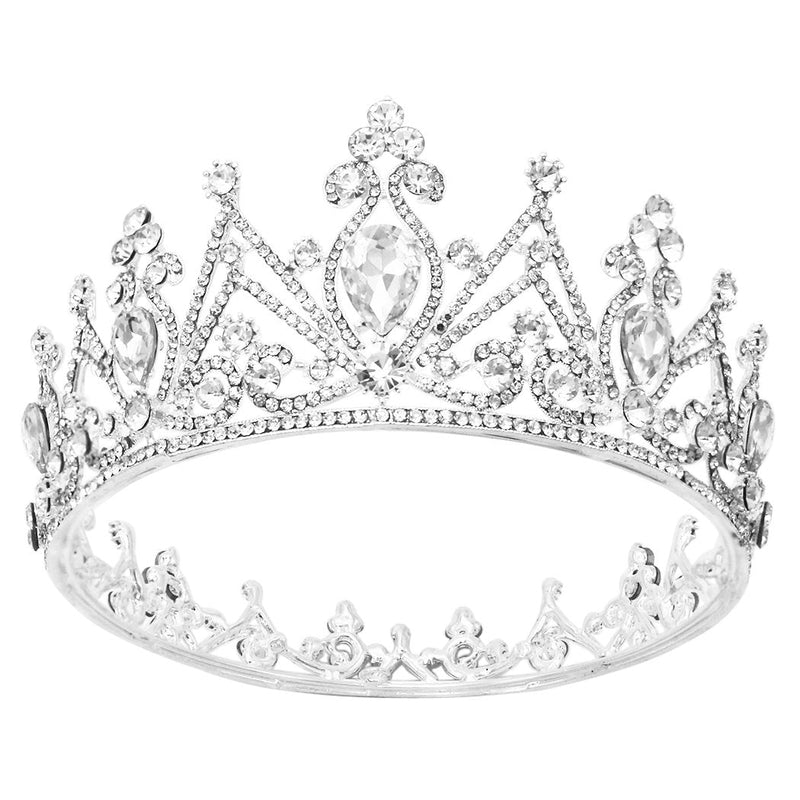 Stunning Silver Tone Full Circle Crystal Rhinestone Ornate Bridal Wedding Crown Headpiece, 5.25"