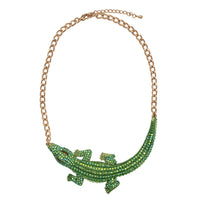 Stunning And Vibrant Iridescent Green Crystal Rhinestone Alligator Gold Tone Necklace, 16"+ 2" Extension