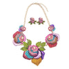 Mesmerizing Rainbow Crystal Rose Flowers Statement Gold Tone Necklace Earrings Gift Set, 15"+3" Extender