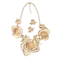 Mesmerizing Rainbow Crystal Rose Flowers Statement Gold Tone Necklace Earrings Gift Set, 15"+3" Extender