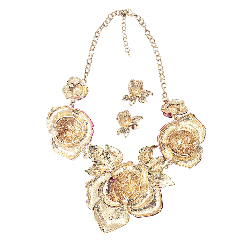 Mesmerizing Rainbow Crystal Rose Flowers Statement Gold Tone Necklace Earrings Gift Set, 15"+3" Extender