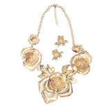 Mesmerizing Rainbow Crystal Rose Flowers Statement Gold Tone Necklace Earrings Gift Set, 15