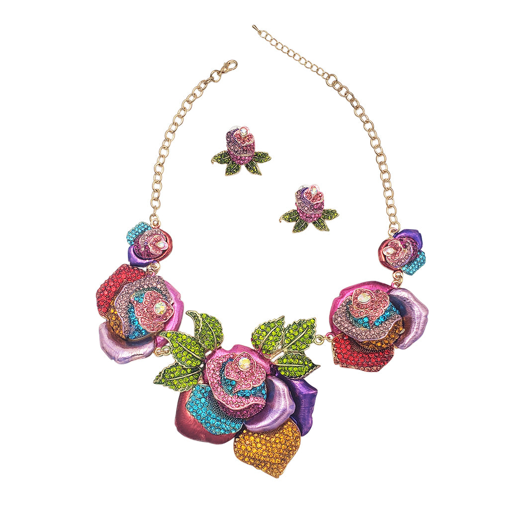 Mesmerizing Rainbow Crystal Rose Flowers Statement Gold Tone Necklace Earrings Gift Set, 15"+3" Extender