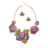 Mesmerizing Rainbow Crystal Rose Flowers Statement Gold Tone Necklace Earrings Gift Set, 15