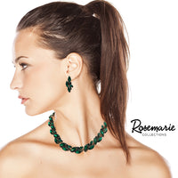 Stunning Marquis Cut Crystal Choker To Collar Necklace And Dangle Earrings Jewelry Gift Set, 13.5"+6.5" Extender (Green Crystal Gold Tone)