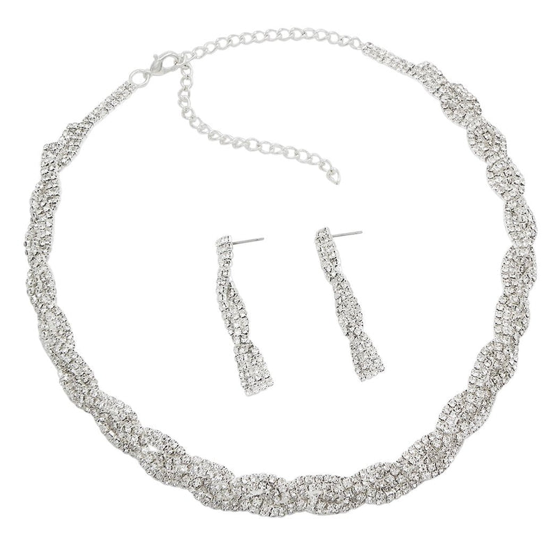 Women's Stunning Silver Tone Braided Crystal Rhinestone Collar Necklace Drop Earrings Set, 15"+5" Extender