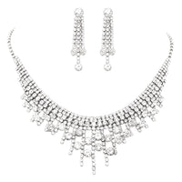 Stunning Adjustable Rhinestone Bridal Necklace and Earrings Jewelry Set (Silver)