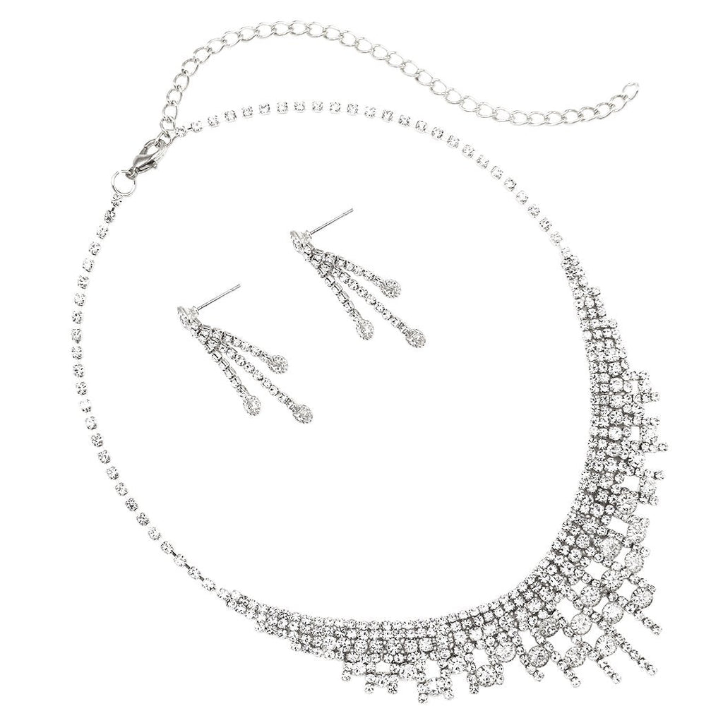 Stunning Adjustable Rhinestone Bridal Necklace and Earrings Jewelry Set (Silver)