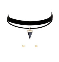 Retro Black Faux Suede Choker Necklace Earrings Set with Triangle Pendant