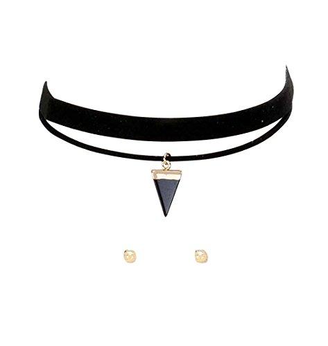 Retro Black Faux Suede Choker Necklace Earrings Set with Triangle Pendant