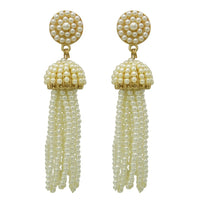 Statement Earrings Faux Pearl Beaded Tassel Faux Pearl Cream Gold Tone Post Back, 3.5"