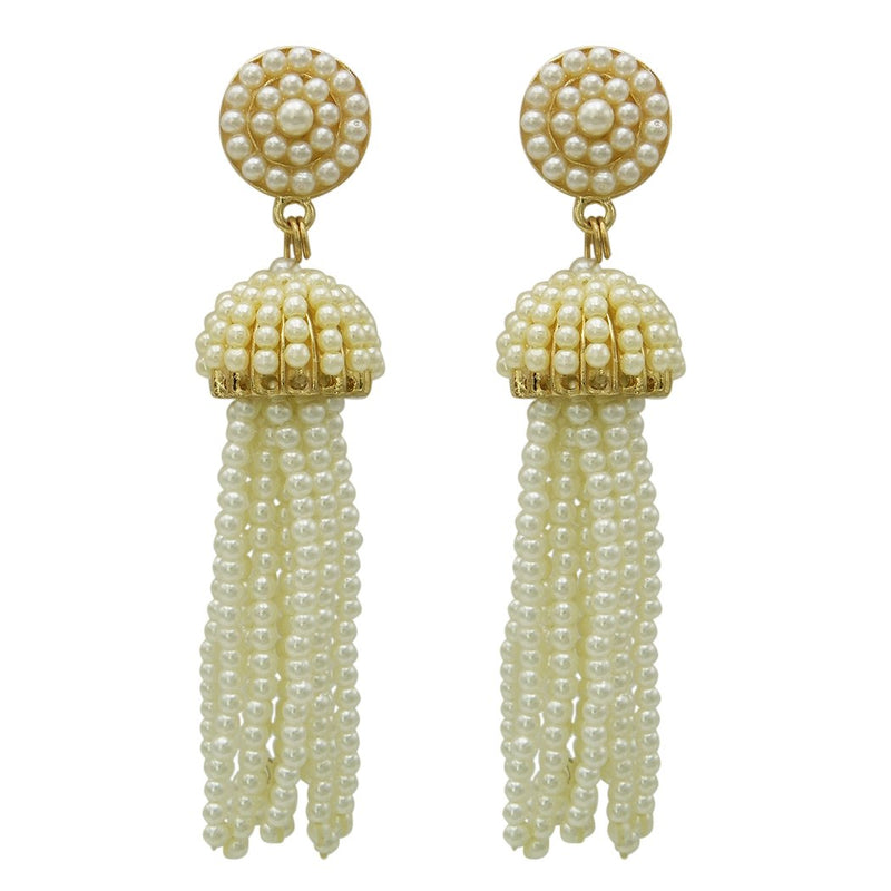 Statement Earrings Faux Pearl Beaded Tassel Faux Pearl Cream Gold Tone Post Back, 3.5"