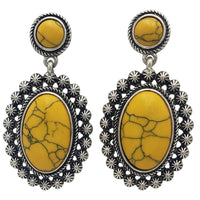 Stunning Vintage Inspired Western Style Semi Precious Howlite Stone Statement Dangle Earrings, 2" (Yellow)