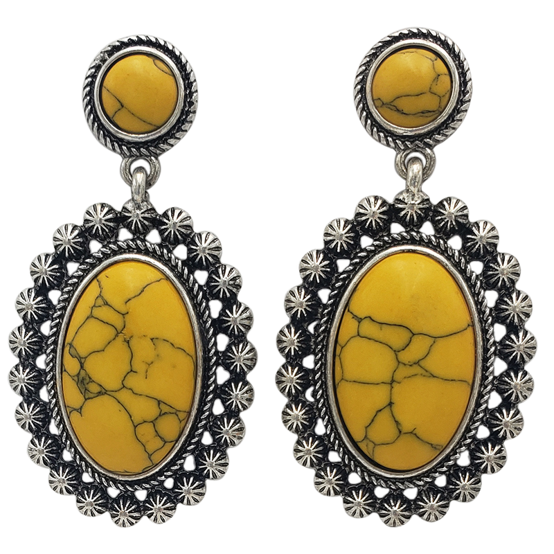 Stunning Vintage Inspired Western Style Semi Precious Howlite Stone Statement Dangle Earrings, 2" (Yellow)