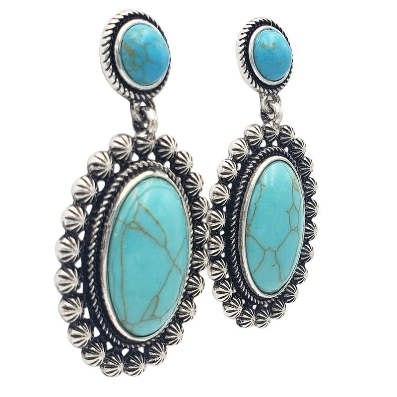 Stunning Vintage Inspired Western Style Semi Precious Howlite Stone Statement Dangle Earrings, 2" (Turquoise Blue)