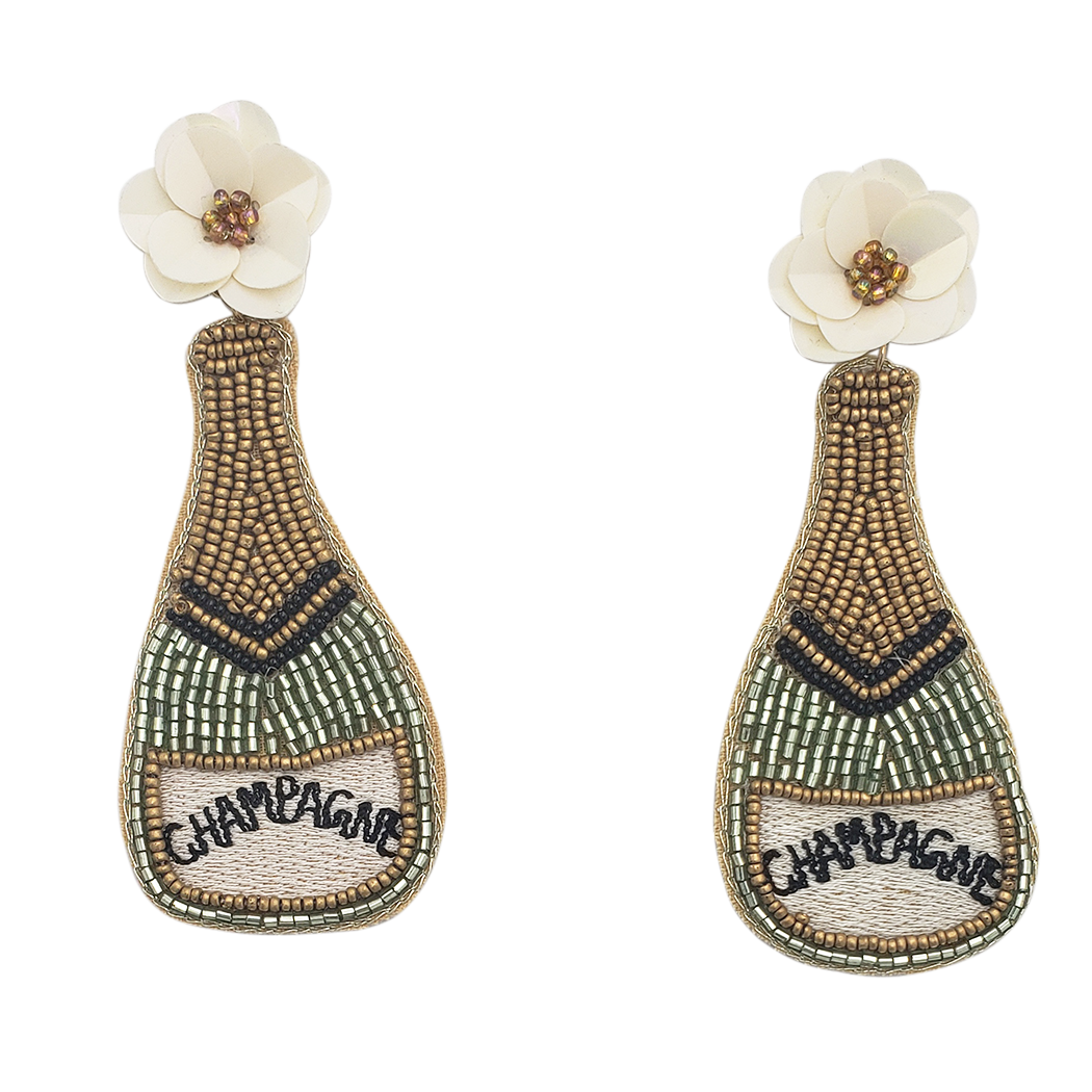 Stunning Holiday Celebration Cocktail Party Seed Bead Earrings (3.5, Champagne Bottle With Flower)