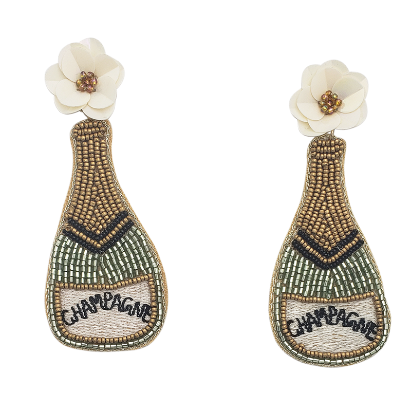 Stunning Holiday Celebration Cocktail Party Seed Bead Earrings (3.5, Champagne Bottle With Flower)