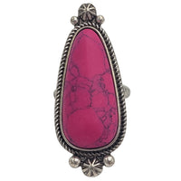 Colorful Western Style Semi Precious Howlite Stone Silver Tone Squash Blossom Frame Adjustable Stretch Ring, 2" (Fuchsia Pink Stone)