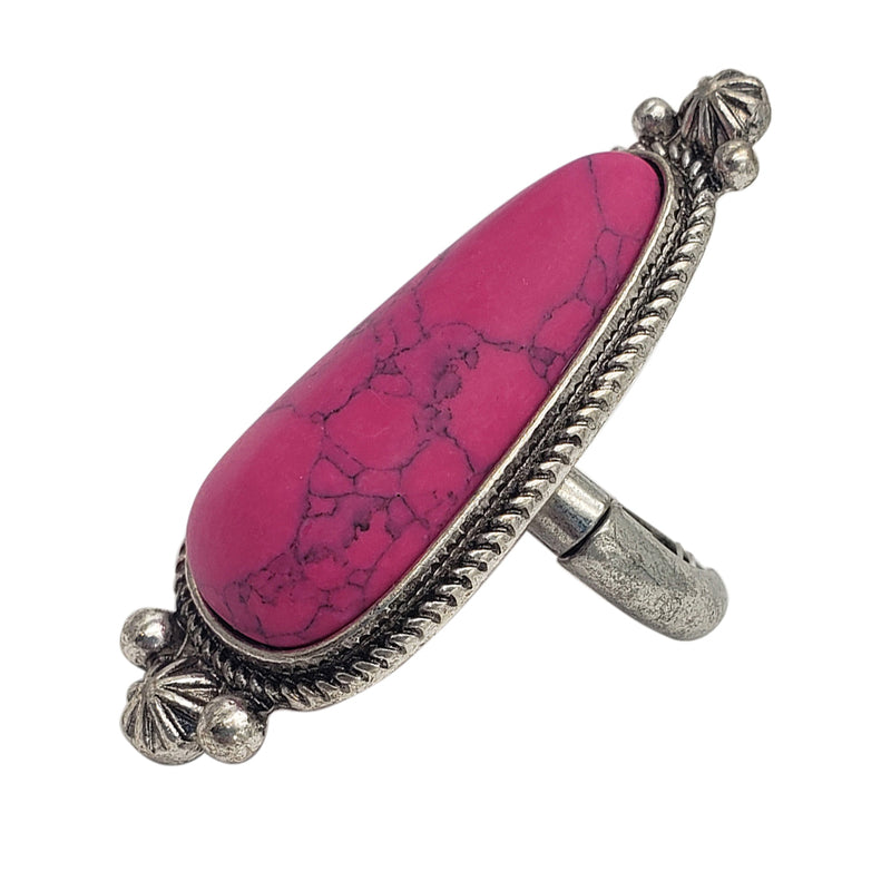 Colorful Western Style Semi Precious Howlite Stone Silver Tone Squash Blossom Frame Adjustable Stretch Ring, 2" (Fuchsia Pink Stone)