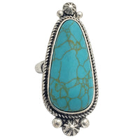 Colorful Western Style Semi Precious Howlite Stone Silver Tone Squash Blossom Frame Adjustable Stretch Ring, 2" (Turquoise Blue Stone)