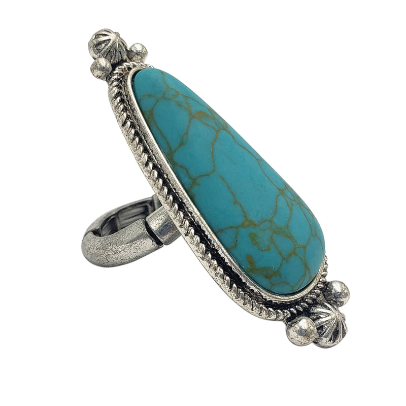 Colorful Western Style Semi Precious Howlite Stone Silver Tone Squash Blossom Frame Adjustable Stretch Ring, 2" (Turquoise Blue Stone)