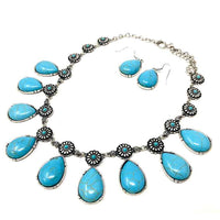 Western Style Natural Howlite Statement Necklace Earrings Set, 16"+3" Extension (Teardrop Howlite Stone, Turquoise Blue In Burnished Silver Tone)