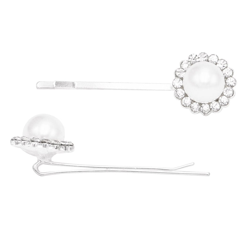 Large Simulated Pearl and Crystal Surround Hair Clip Rhinestone Bobby Pins Hair Accessories Silver Tone