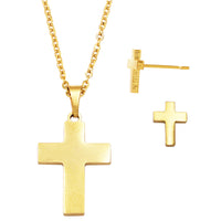 Stainless Steel Cross Charm Necklace and Earrings Set (Gold Tone)